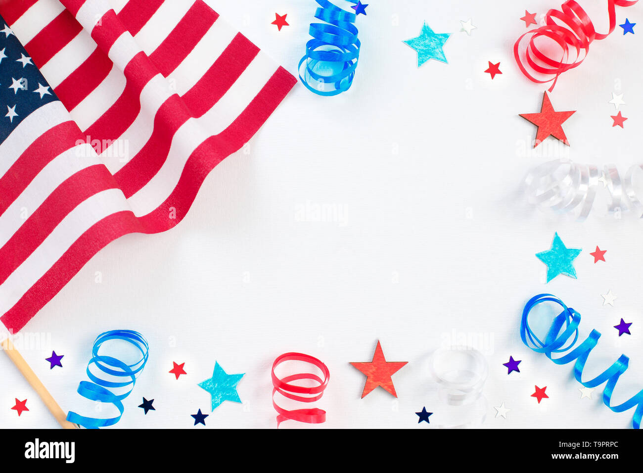 4th of July. Independence day with american confetti, flag and ribbon ...