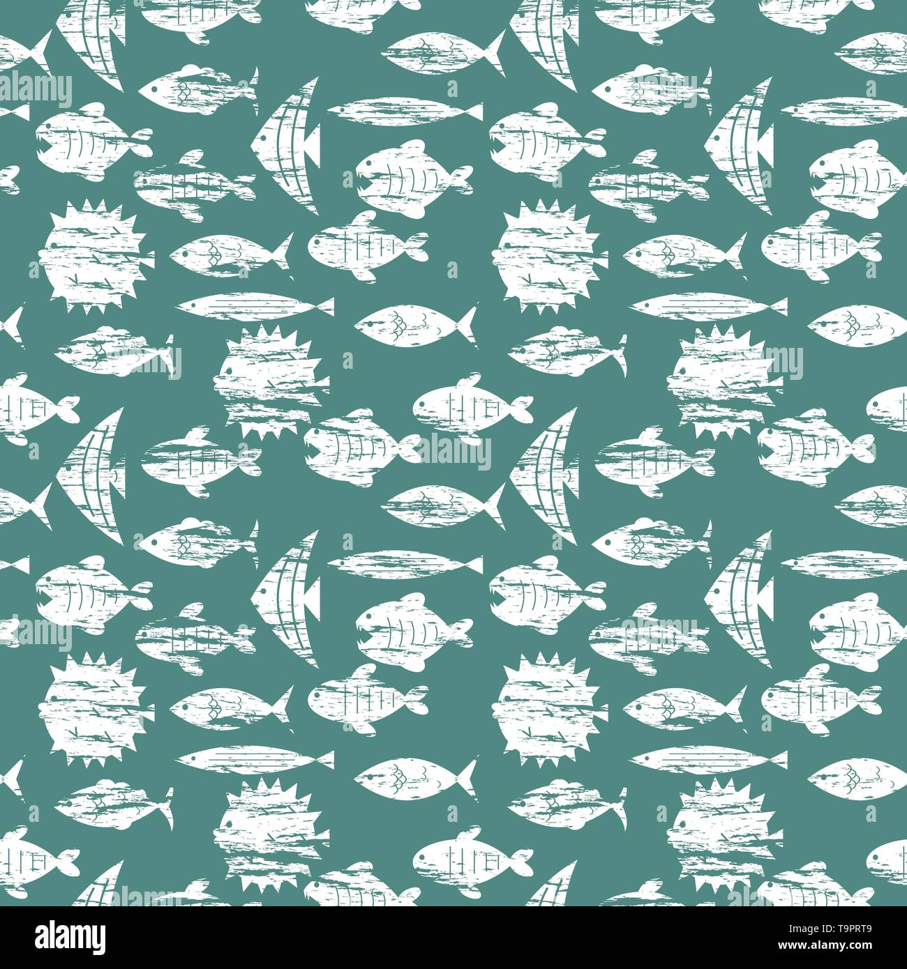 seamless pattern with fish silhouettes and editable retro effect vector background Stock Vector