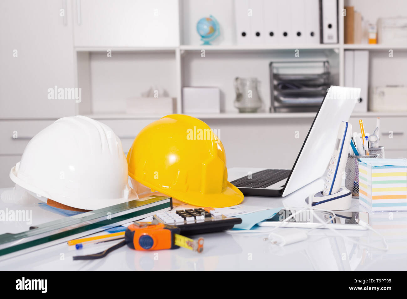 Instruments for building near the laptop lying in the modern workplace ...