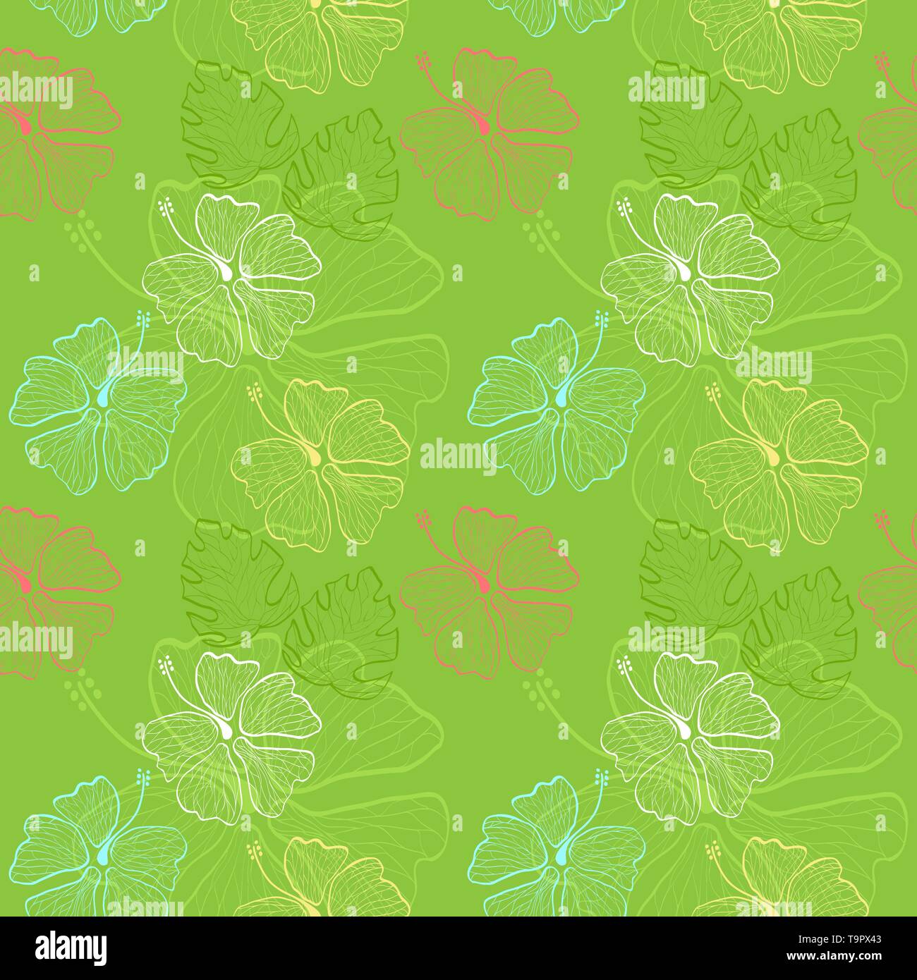 seamless pattern with lace hand drawn hibiscus flowers and leaves on ...