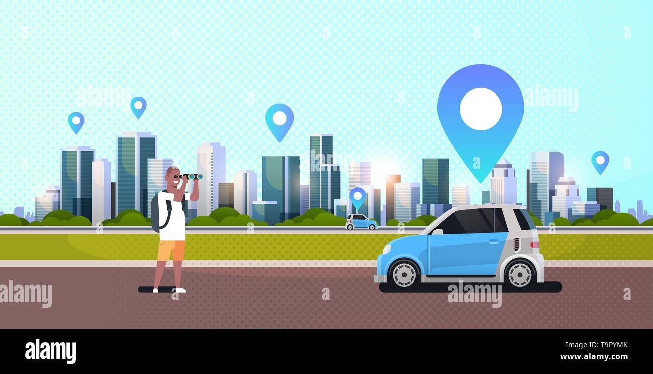 african american man looking through binoculars searching automobile vehicle rent car sharing concept transportation carsharing service modern Stock Vector