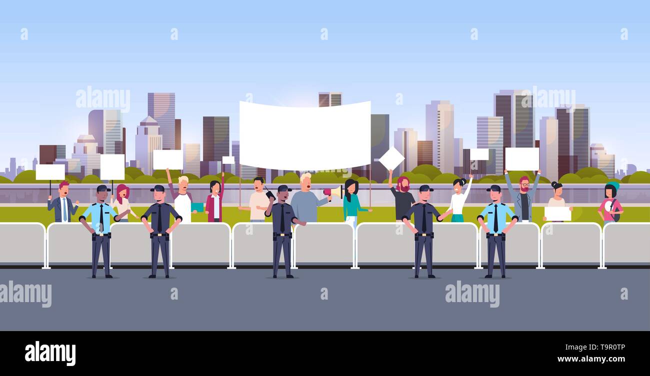 mix race police officers group controlling people crowd with placards and megaphone at protest demonstration strike concept city street cityscape Stock Vector