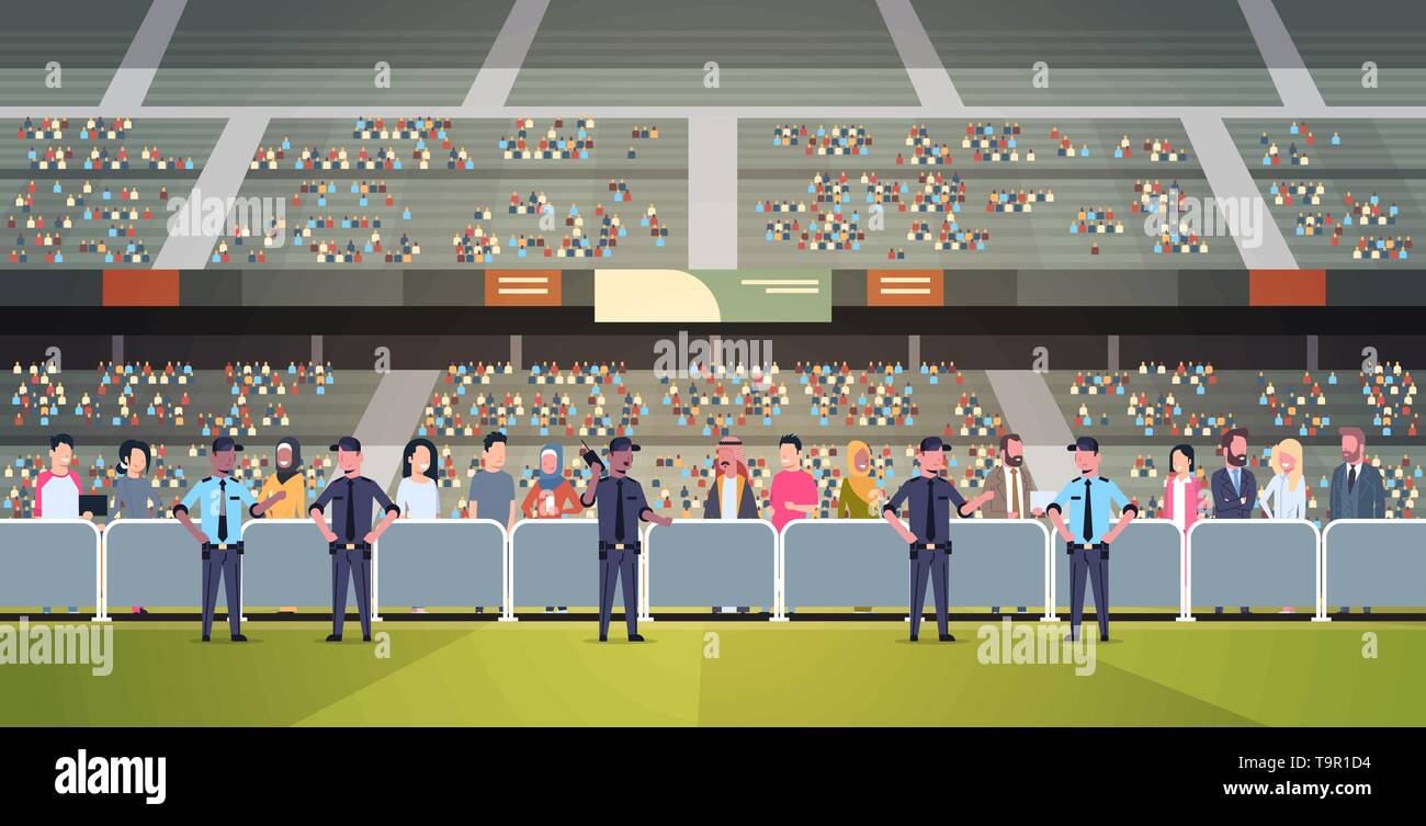 mix race police officers group controlling fans crowd on sport stadium arena at football match championship safety support concept flat horizontal Stock Vector