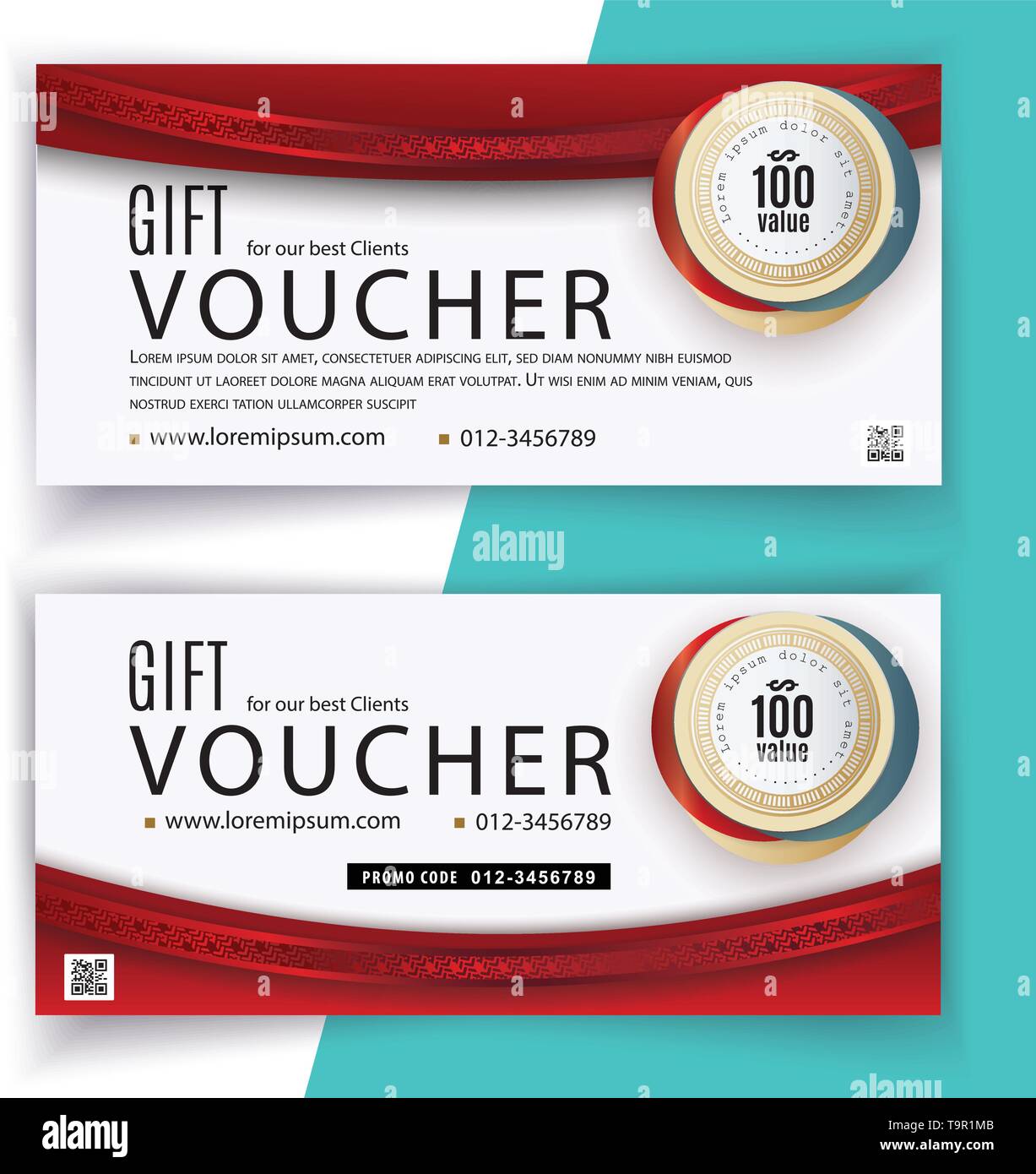 Voucher template with red design elements. Gift voucher value 100 dollars for department stores, business Stock Vector