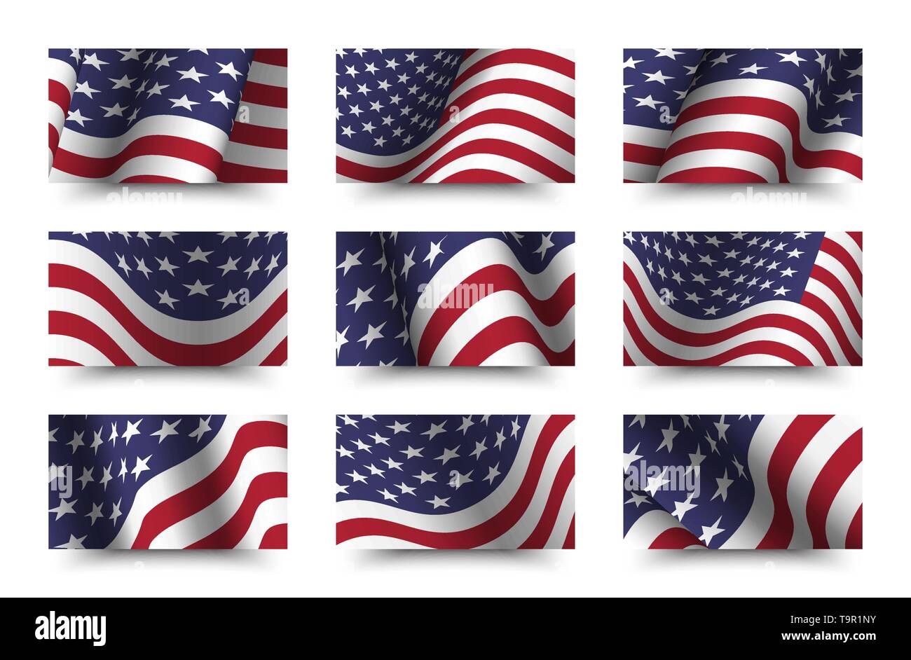 Set of america flag background collection . waving design . Ratio 16 : 9 . 4th of July independence day concept . Vector Stock Vector
