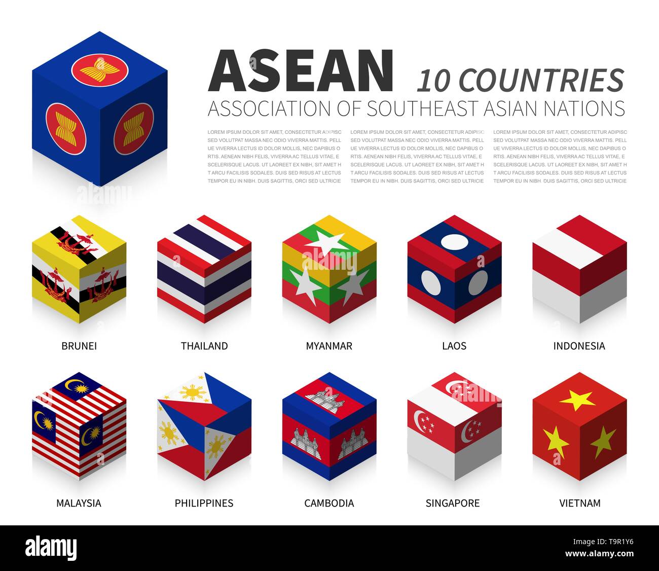 ASEAN . Association of Southeast Asian Nations and membership . 3D Cubic flag design . Vector Stock Vector