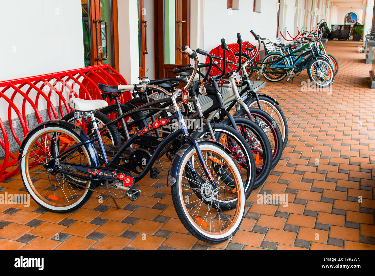 SOCHI,RUSSIA, 18 APRIL 2019 - lots of bikes in the bicycle parking Stock Photo