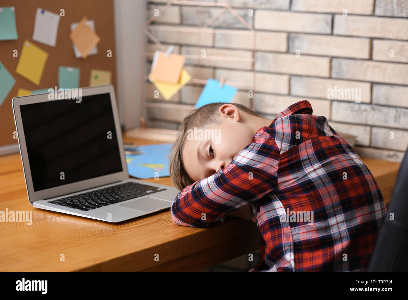 Cute boy sitting at table with laptop Stock Photo - Alamy