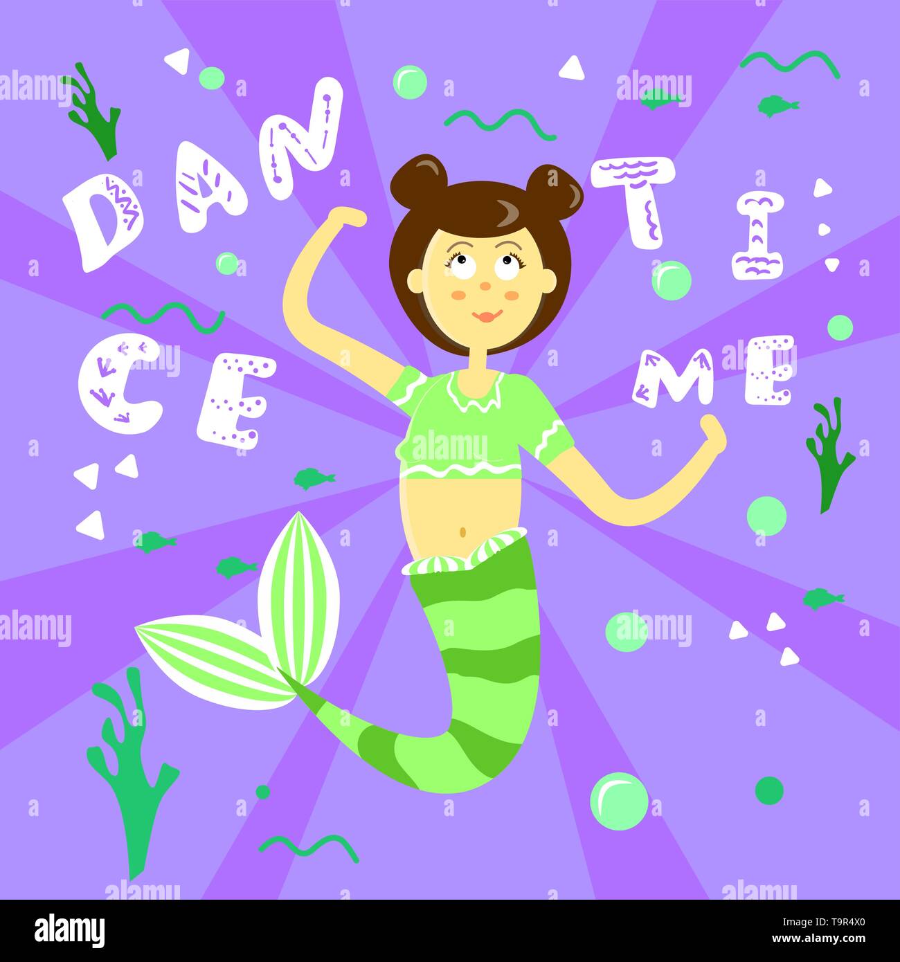 Poster With A Cartoon Mermaid With A Green Tail And A Striped T