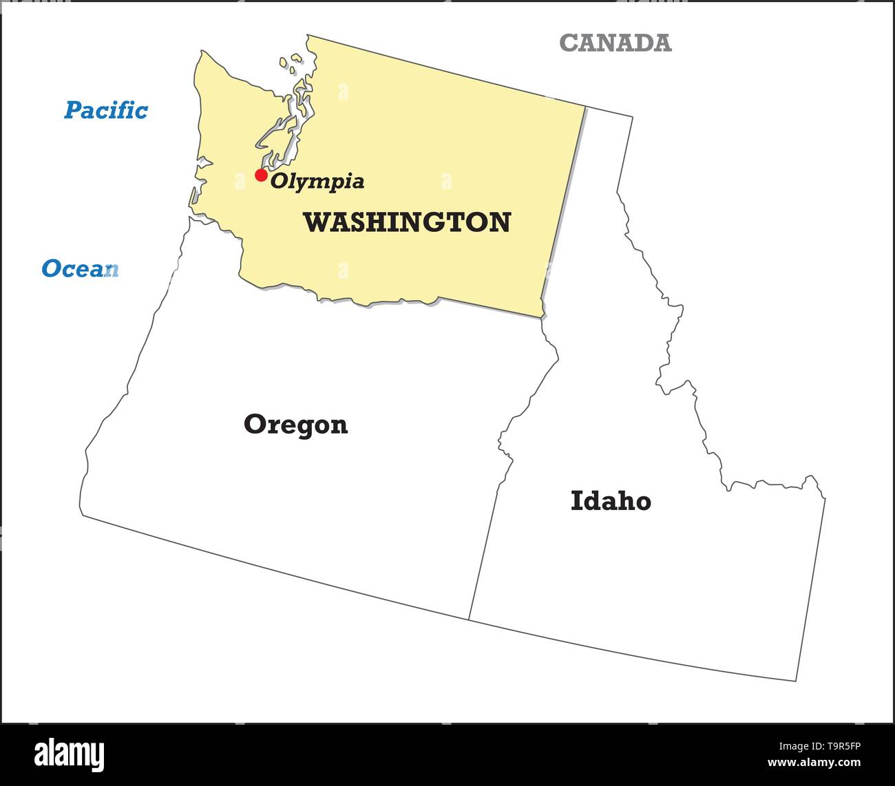 Washington state map with its neighboring states Stock Vector