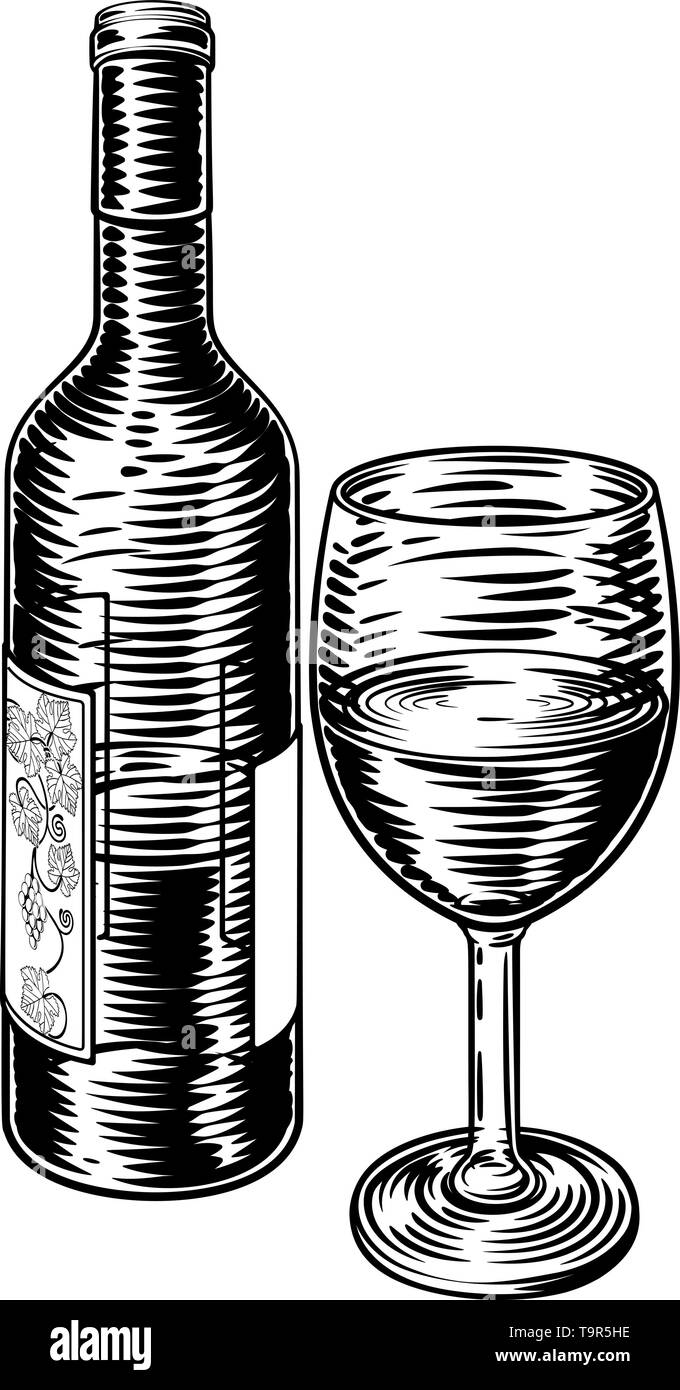 Wine Bottle and Glass Vintage Woodcut Etching Stock Vector