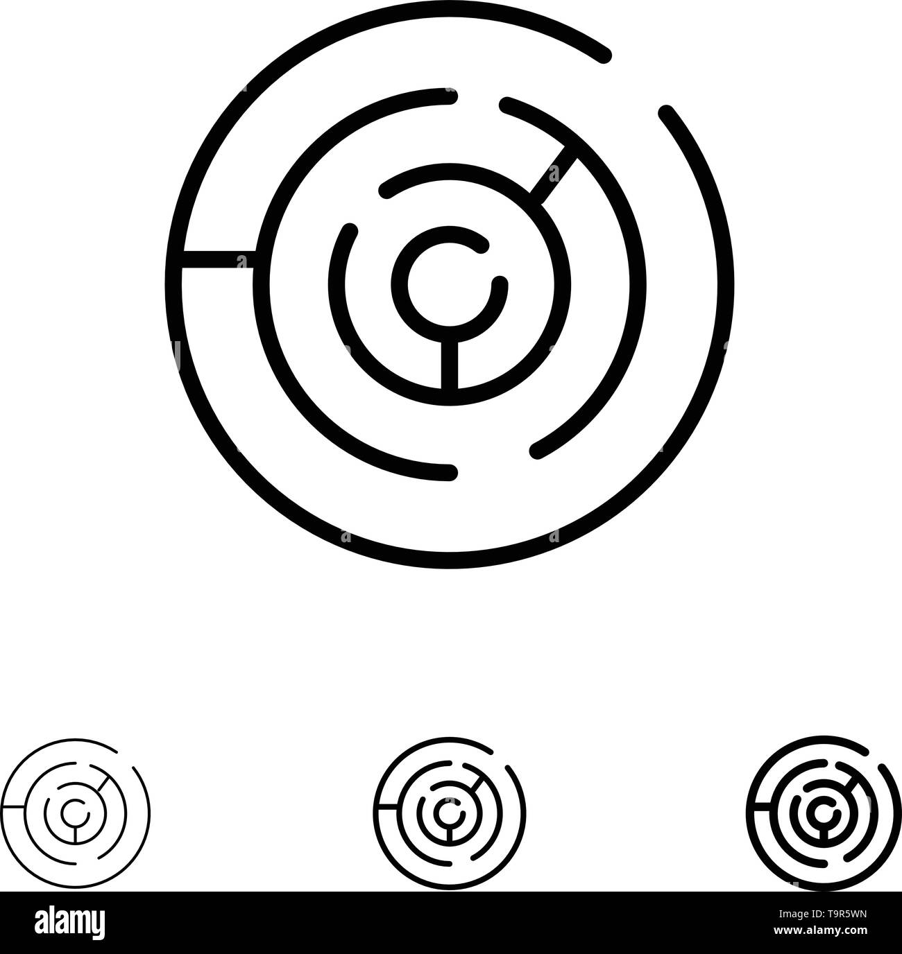 Circle, Circle Maze, Labyrinth, Maze Bold and thin black line icon set