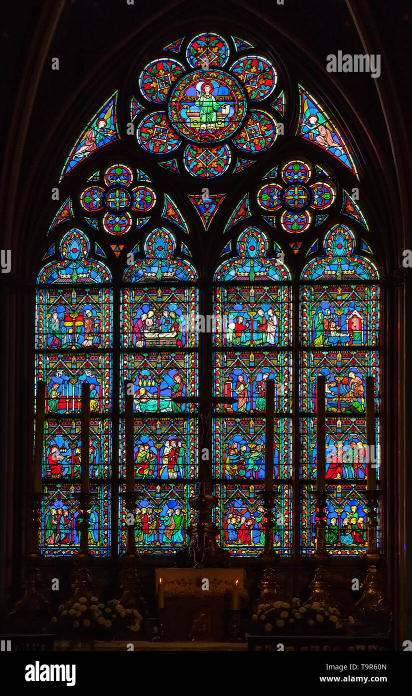 PARIS, FRANCE APRIL 25 Stained glass window in Cathedral Notre Dame