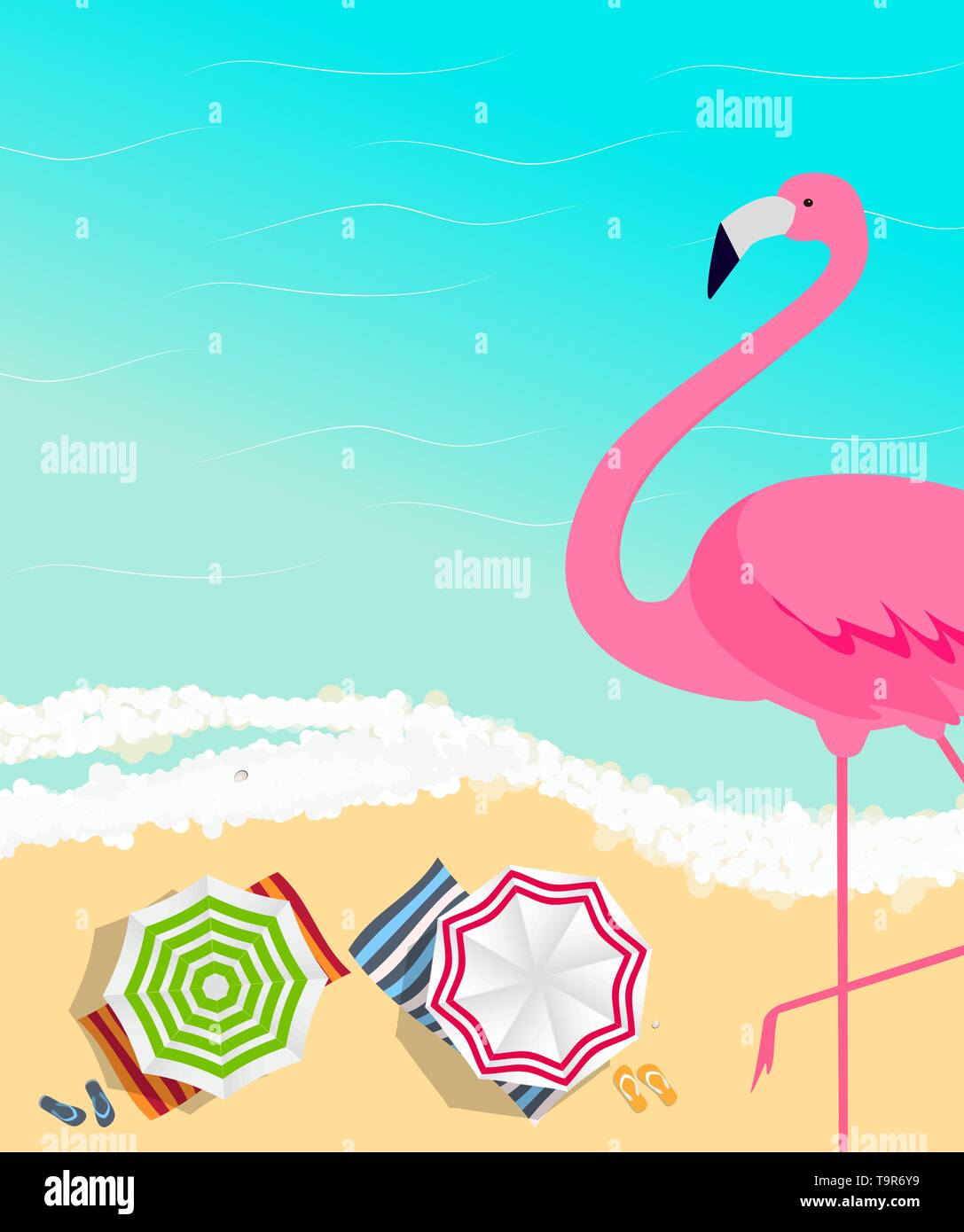 Summer Creative Poster with Pink Flamingo. Card of Invitation. Vector Illustration. EPS10 Stock Vector