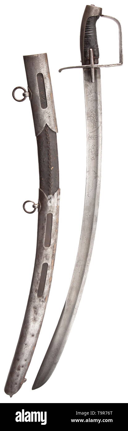 A sabre M 1786/1796 for the Russian light cavalry, presumably an officer's version Single-edged blade with fullers on both sides. The obverse with etched cypher 'E II' for Catherine the Great. The reverse with depiction of a mounted hussar and inscription 'Viwat Hußar'. The back of the blade with etched Cyrillic name 'COLNHIE'(?). Iron knuckle-bow hilt. The quillons fitted with a rectangular piercing for accepting the sword-knot. Leather-covered wooden grip and scabbard, the latter with iron mountings. Length 92.5 cm. historic, historical, 18th c, Additional-Rights-Clearance-Info-Not-Available Stock Photo