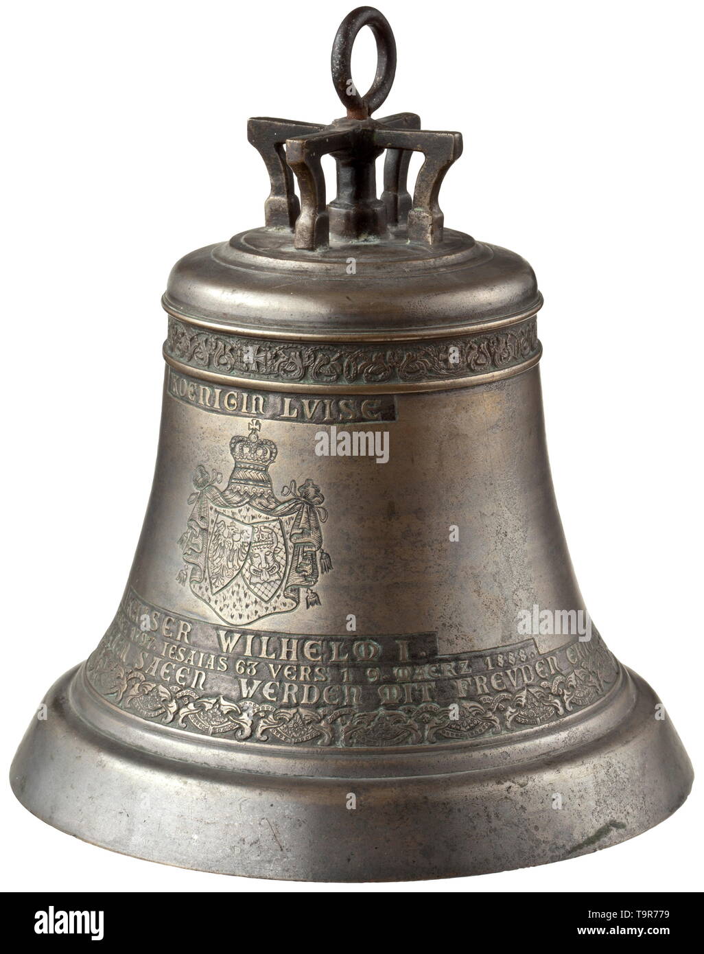 Emperor William I (1797 - 1888) - a model of the D bell of the Kaiser Wilhelm Memorial Church in Berlin, circa 1895 Silver-plated bronze, chiselled decoration on finely embossed ground. Classic bell shape with four bars, inscription 'Königin Luise - Kaiser Wilhelm I', alliance coat of arms of Prussia and Mecklenburg. The upper vine frieze interspersed with alternating depictions of the Iron Cross and the Order of Louise, the lower vine frieze with cornflower, the favourite flower of Queen Louise and Emperor William I. Of the five bells cast from , Additional-Rights-Clearance-Info-Not-Available Stock Photo