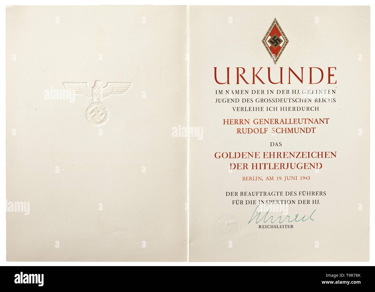 General of Infantry Rudolf Schmundt - an award document for the Golden Hitler Youth Badge of Honour Double-sided certificate in DIN A4 format, bound with thread stitching in the certificate folder, embossed with a national eagle. The text leaf printed in gold, terra-colour and black, at the head the HJ badge with a border of golden oak leaves. At the bottom, to the left of the signature of 'Reichsleiter' Baldur von Schirach in green ink, the embossed seal of the 'Beauftragter des Führers für die Inspektion der HJ' (tr. 'Authorised Representative of the Führer for the Inspec, Editorial-Use-Only Stock Photo