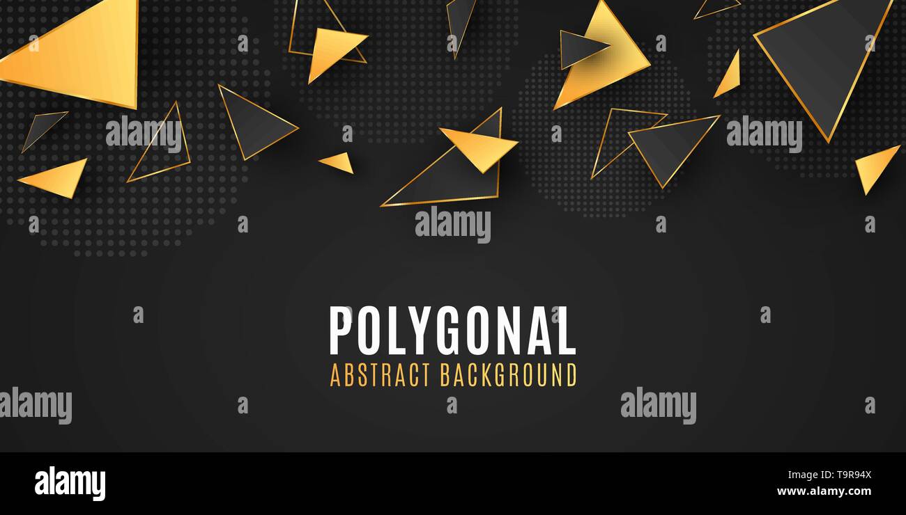 Abstract geometric shapes. Stylish background for your design. Modern low poly style. Chaotic forms. Black and gold triangles. Polygonal shapes templa Stock Vector