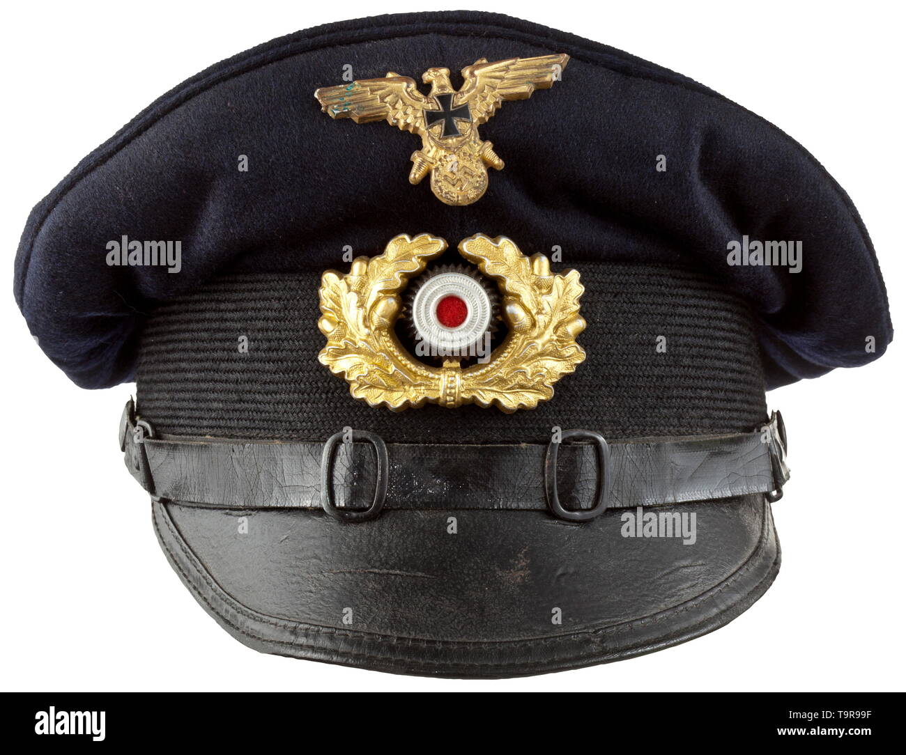 A visor cap for members of the National Socialist German Navy Association  (NSDMB) Feines schwarzes Wolltuch mit schwarzem Mohairbesatzstreifen, blaues  Seidenfutter mit goldgeprägtem Adler und Schrift "Die vorschriftsmäßige  Mütze des NSDMB", das