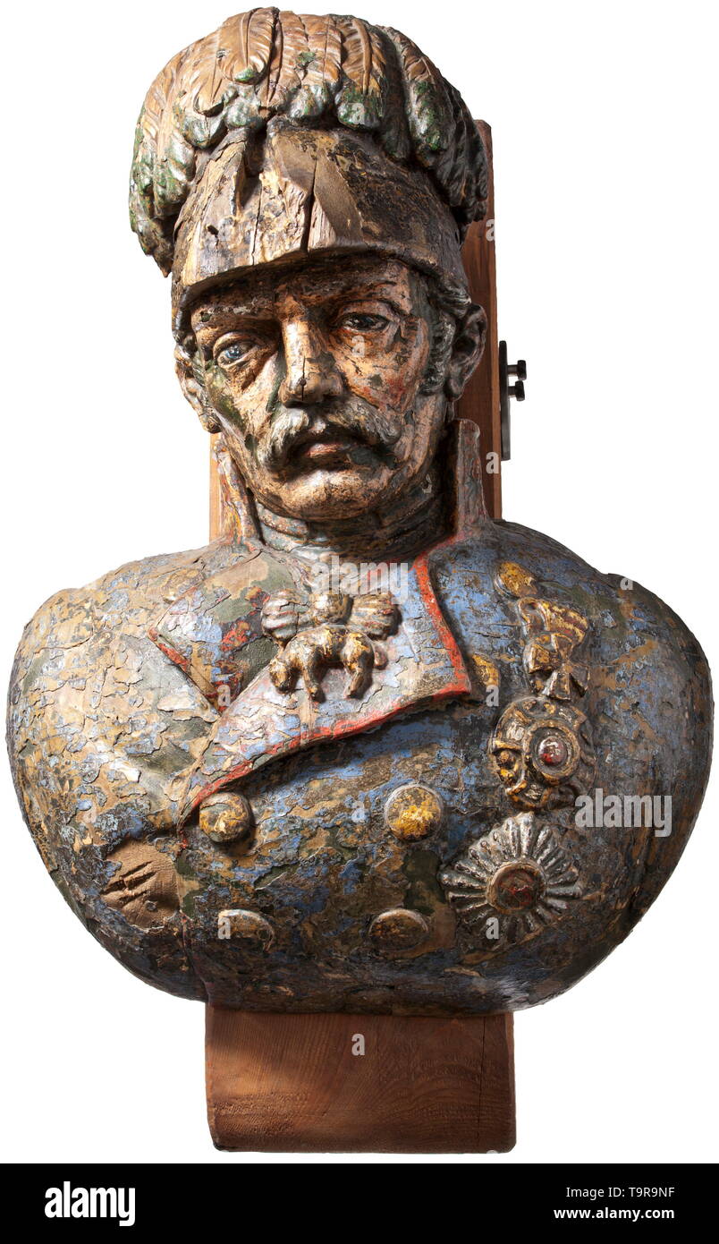 A figurehead SMS 'Radetzky' Colour portrait bust of field marshal Radetzky, carved in wood. Detailed shape, thick paint coat, partially brittle and splintered (the front part of the hat chipped due to manoeuvre damage). The bust is mounted on a wooden beam with wall fastening. Dimensions ca. 60 x 50 x 30 cm The screw frigate 'Radetzky' was equipped with 37 cannons and had a crew of 372 men. Under the command of Admiral von Tegetthoff and with Franz Jeremiasch as captain of the ship, the 'Radetzky' took part in the naval battle against the Danes n, Additional-Rights-Clearance-Info-Not-Available Stock Photo