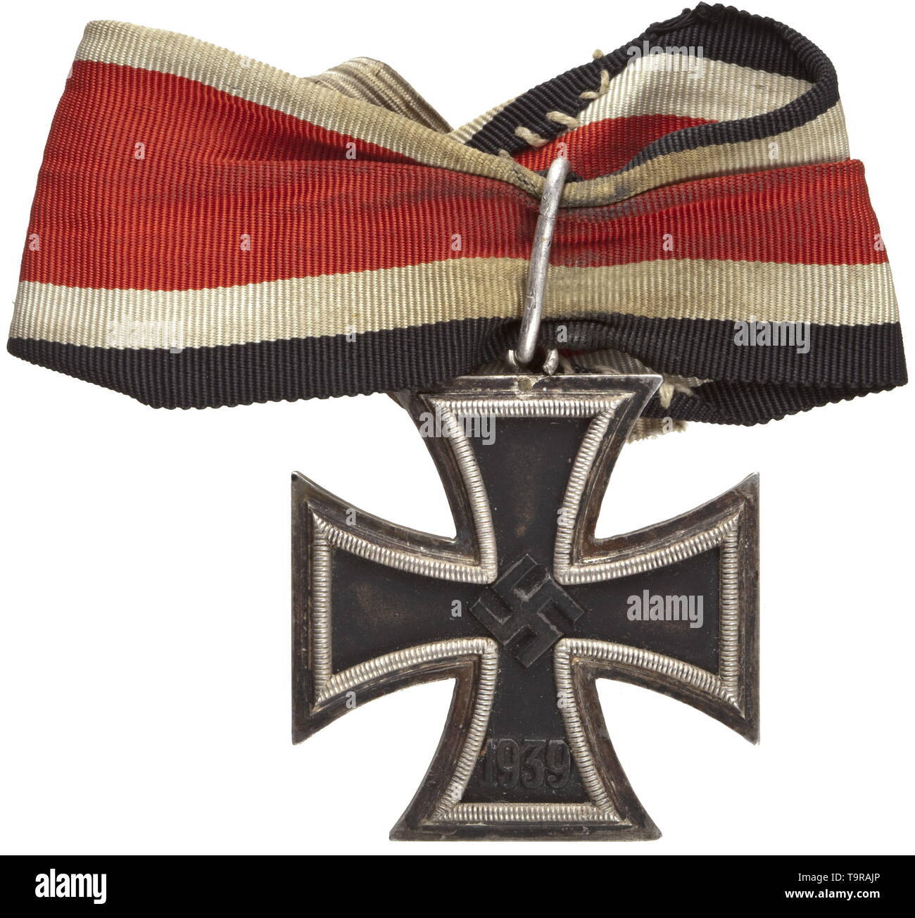 A Knight's Cross of the Iron Cross - front-produced rendition and presentation case of the Korvettenkapitän Georg Pinkepank Modified, worn Knight's Cross of the Iron Cross 2nd Class on the originally customised neck ribbon. The ring on the Iron Cross twisted, the suspension ring bent into a vertical oval shape, the neck ribbon stitched with an elastic band. With a further Knight's Cross neck ribbon and presentation case (the hinge covering somewhat damaged) with rounded corners and embossed lines. Includes two extracts from Pinkepank's certificate book from the Deutsche Sch, Editorial-Use-Only Stock Photo