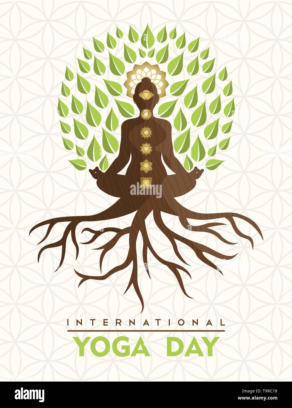 International Yoga Day greeting card illustration of lotus pose tree. Natural energy for meditation concept. Stock Vector