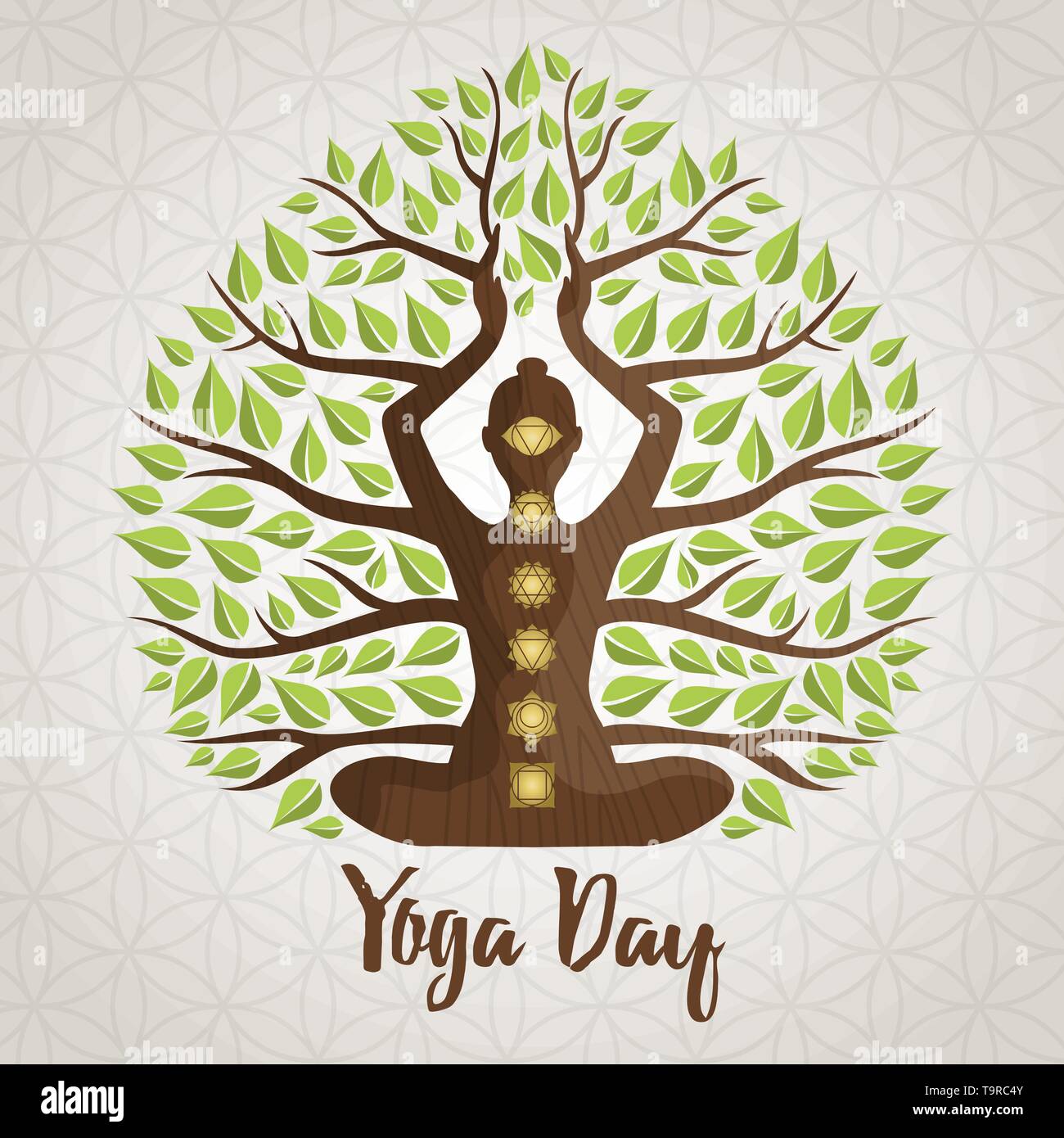 International Yoga Day greeting card illustration of woman silhouette, chakra icons and tree leaves for nature connection concept. Stock Vector