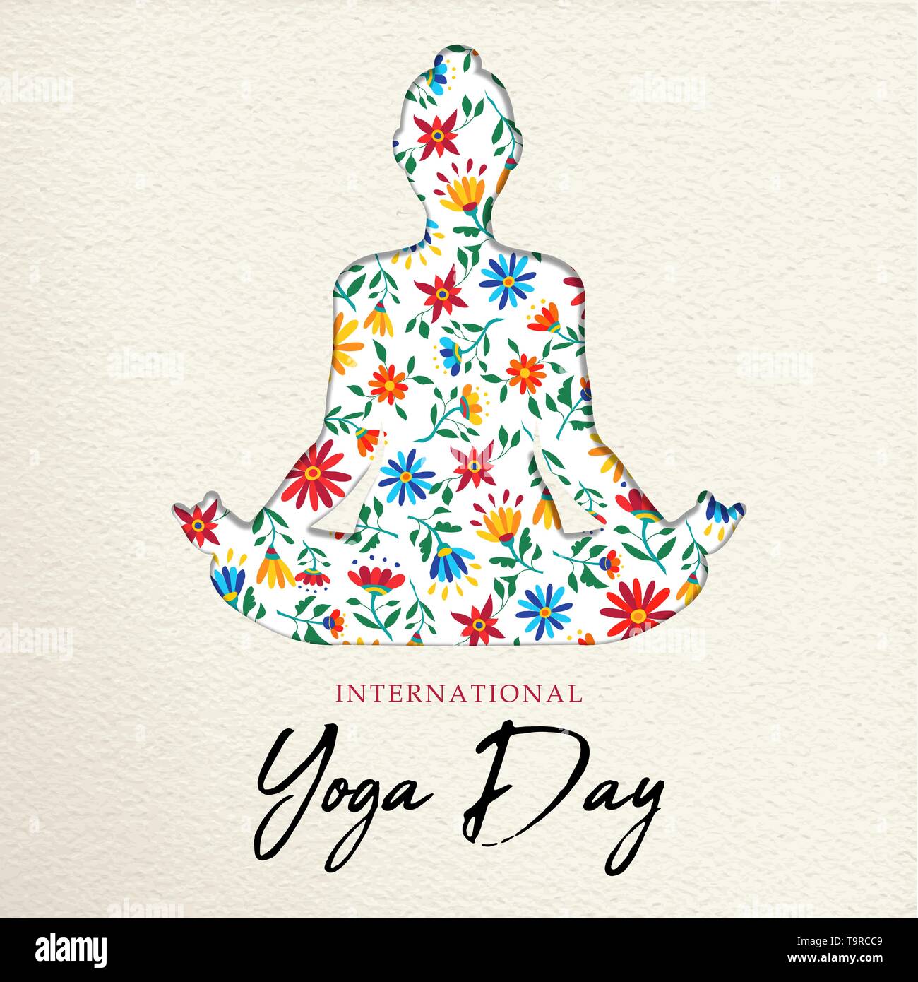 Yoga day greeting card illustration. Woman doing lotus pose meditation made of colorful spring flowers. Stock Vector