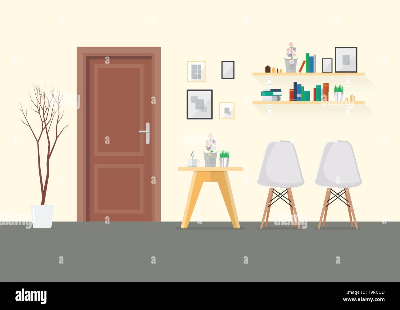 Flat Design Interior Living Room with Wooden Door. Vector Illustration ...