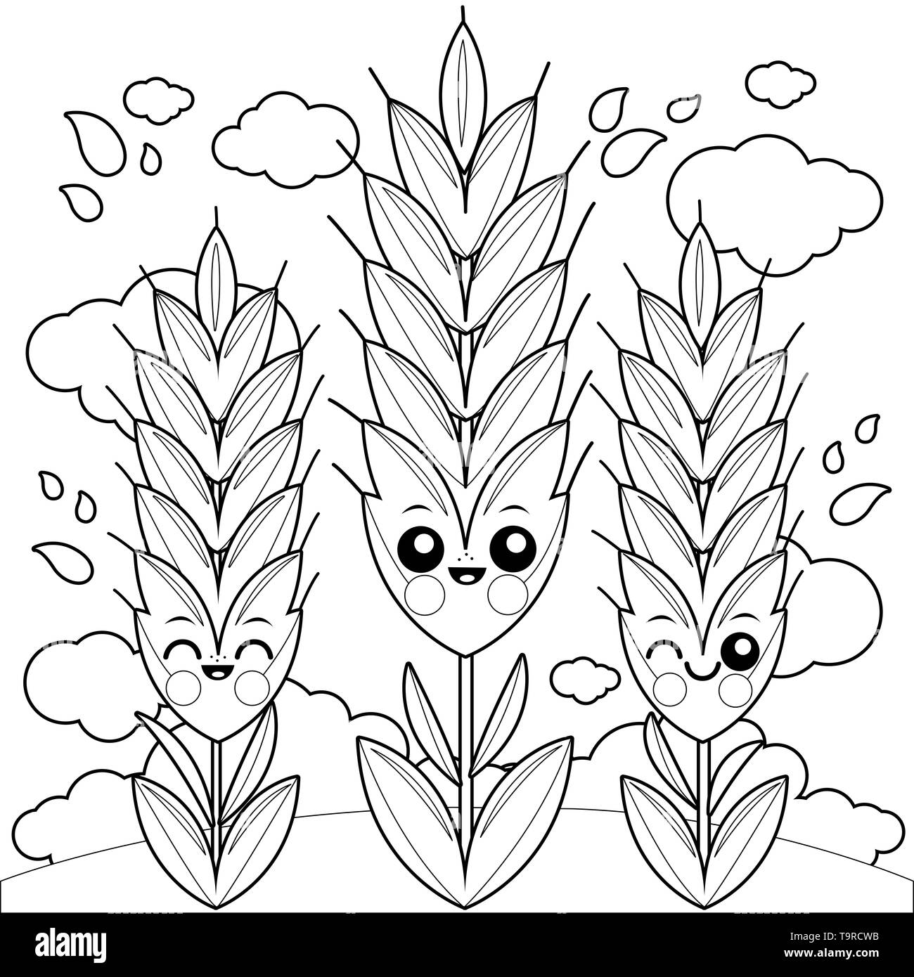 Wheat or barley characters growing on a field. Black and white coloring page. Stock Photo
