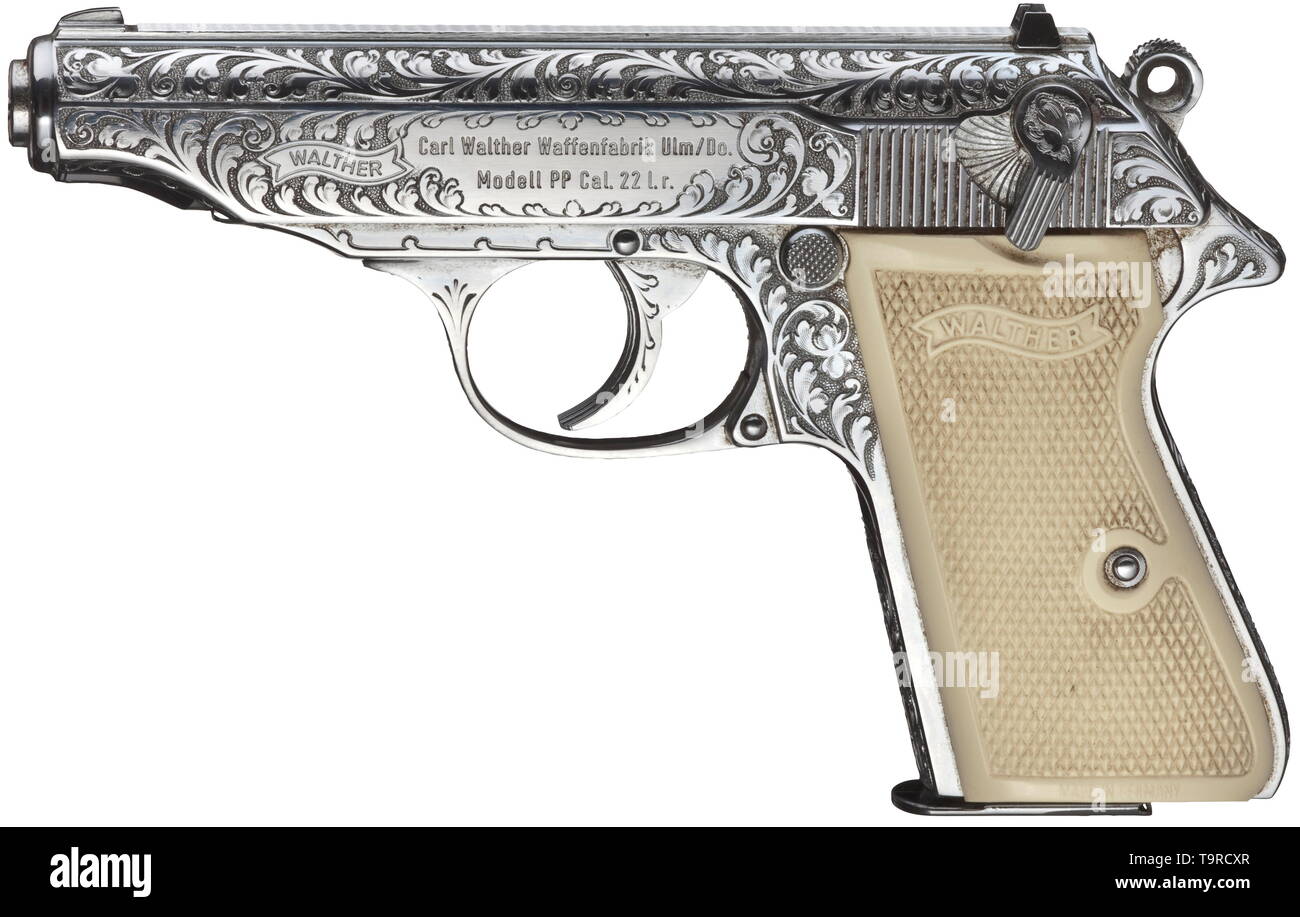 A Walther PP Interarms, in .22 l.r. calibre, luxury model, engraved, chrome-plated, in its case No. 48874LR. Matching numbers. Bright bore. Ten shots. Proof-marked 1983. Standard inscription. On right side of slide signed 'INTERARMS / ALEXANDRIA VIRGINIA'. All parts with lavish oak leaf engravings, on punched surface and completely highly polished chrome-plated. Ivorylite grip panels. Nickel-plated magazine with engraved base, also the spare magazine with extension. Comes in dark blue luxury case, on lid silver Walther banner, lined with wine-red, Additional-Rights-Clearance-Info-Not-Available Stock Photo