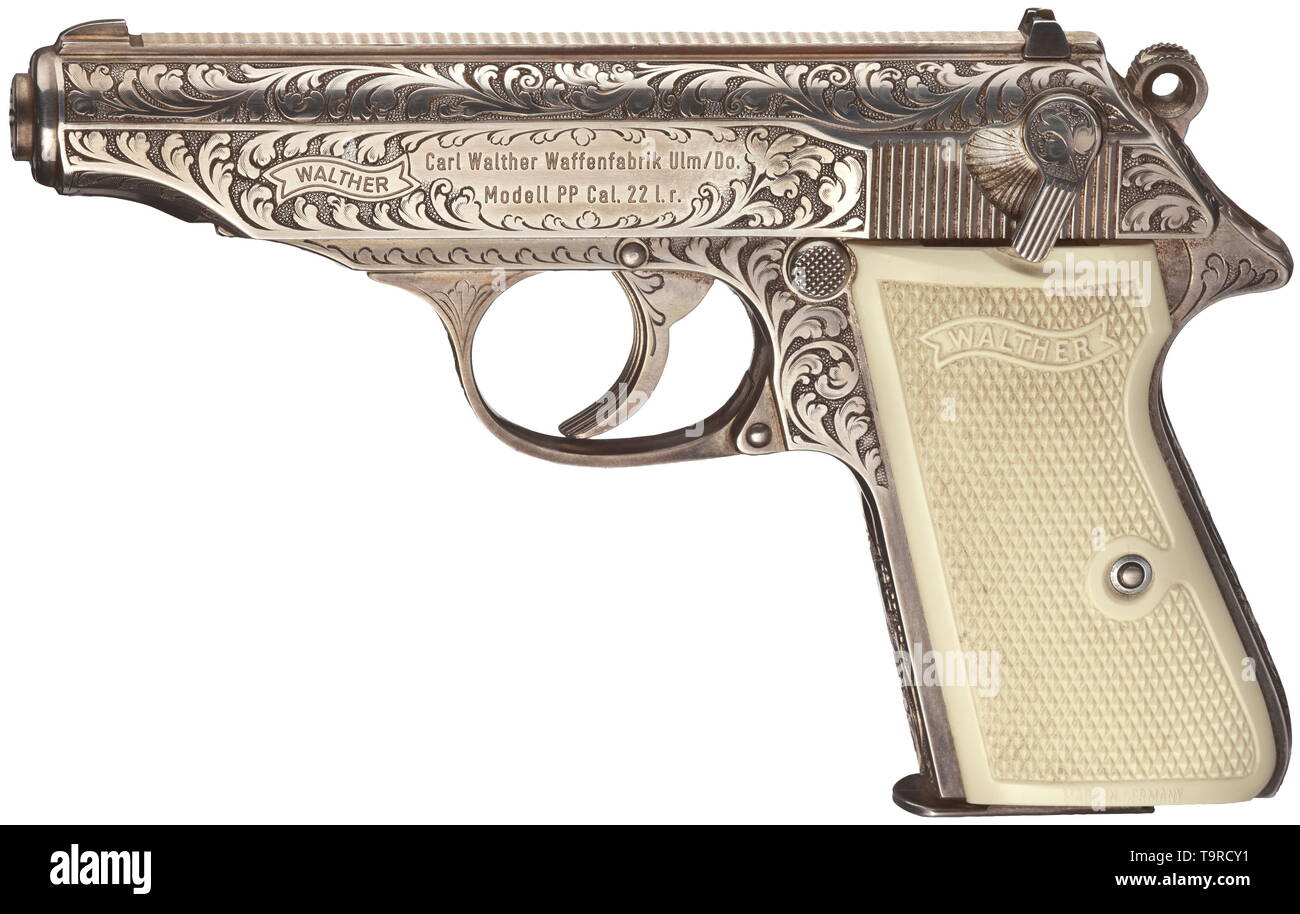 A Walther PP Interarms, in .22 l.r. calibre, luxury model, engraved, silver-plated in its case No. 48869LR. Bright bore. Ten shots. Proof-marked 1983. Standard inscription. On right side of slide signed 'INTERARMS / ALEXANDRIA VIRGINIA'. All parts with lavish vine engravings, on punched surface and completely silver-plated. Ivorylite grip panels. Silver-plated magazine with engraved base, also the spare magazine with extension. Comes in dark blue luxury case, on lid silver Walther banner, lined with wine-red velvet. New overall condition. Erwerbs, Additional-Rights-Clearance-Info-Not-Available Stock Photo