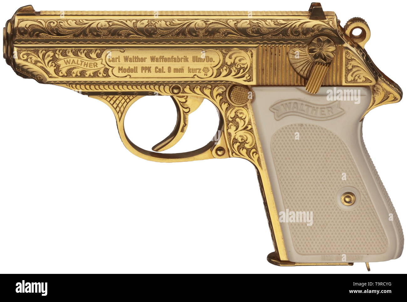 A Walther PPK Interarms, in 9 mm calibre short, engraved, gilded, in its case No. 129822A. Bright bore. Proof-marked 1969. Standard inscription. On right side of slide signed 'INTERARMS / ALEXANDRIA VIRGINIA'. All parts with lavish vine engravings, on punched surface and completely gilded. Ivorylite grip panels, the right one with American eagle. Gold-plated magazine with engraved base, likewise spare magazine and extension. Comes in dark blue luxury case, lid lined with wine-red silk and silver Walther banner, bottom with wine-red velvet and cor, Additional-Rights-Clearance-Info-Not-Available Stock Photo