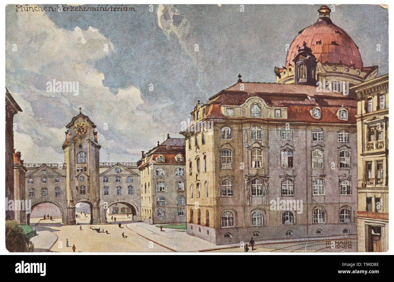 Adolf Hitler - a watercolour of the Bavarian Ministry of Transport Fine and detailed painting on textured watercolour paper, the architecture is well captured, with the cobbled Arnulfstraße near the central station in the foreground, the title 'München. K.B. Verkehrsministerium' on the lower left, signed 'A. Hitler' on the lower right. Dimensions of 20th century, Editorial-Use-Only Stock Photo