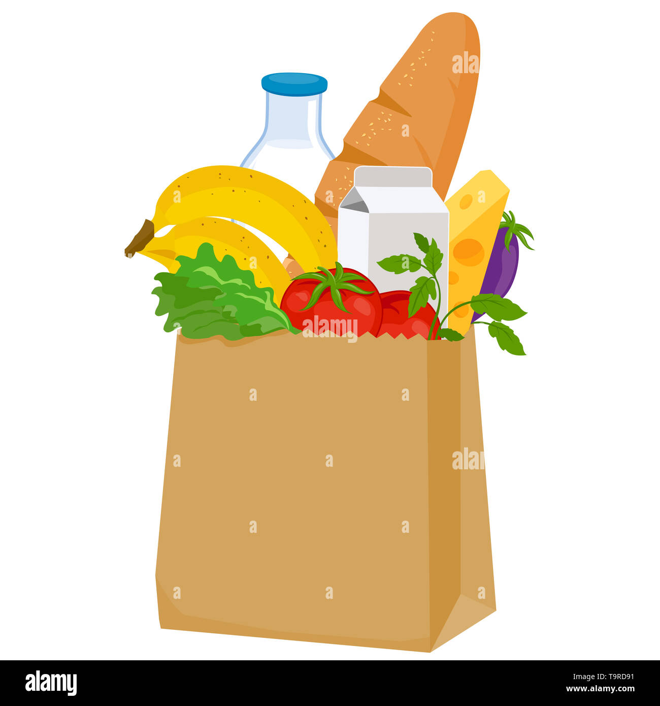 Paper bag with groceries: milk, bread, fruits, vegetables and cheese. Stock Photo