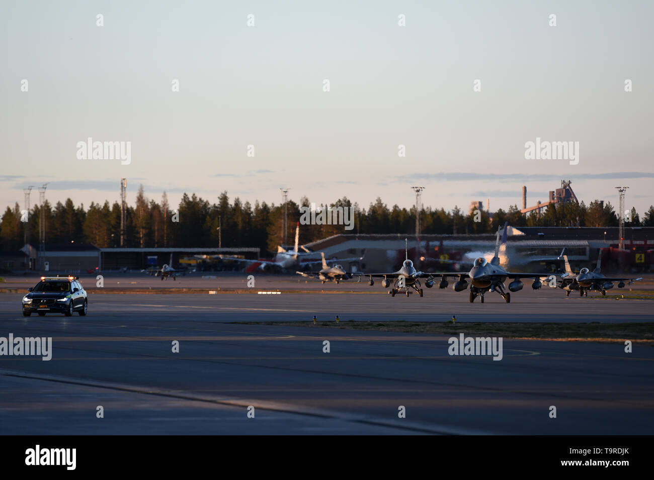 U.S. Air Force F-16C Block 52 Fighting Falcons assigned to the Air National Guard’s 169th Fighter Wing from McEntire Joint National Guard Base, S.C., arrive at Kallax Air Base, Luleå, Sweden, May 16, 2019 to participate in Arctic Challenge Exercise 2019. ACE19 is a Nordic aviation exercise, and this year will include participation from the Swedish, Norwegian, Danish, Finnish, French, German, Dutch, British, and U.S. forces. U.S. force’s participation, as part of the European Deterrence Initiative, demonstrates steadfast commitment to NATO allies and partners in Europe to remain resolute region Stock Photo