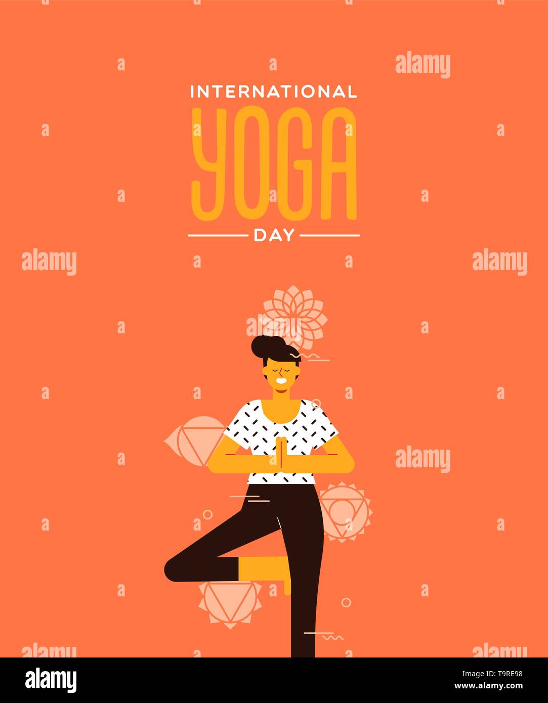 yoga day greeting card of woman doing tree pose exercise in