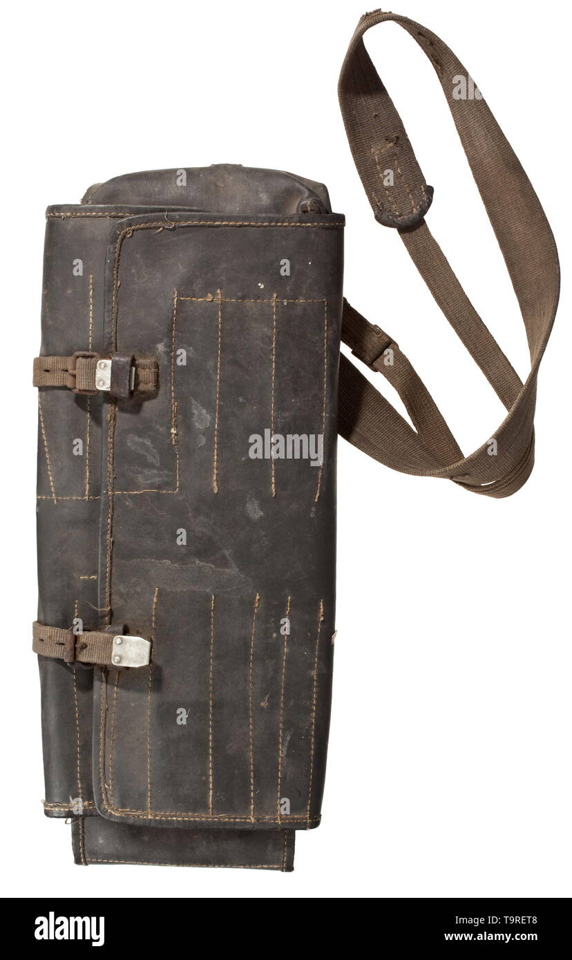 A portable tool bag Late production of sturdy field-grey oil cloth with web belting. The four covers with interior pockets, retaining straps and leather drawers. historic, historical, 20th century, Editorial-Use-Only Stock Photo