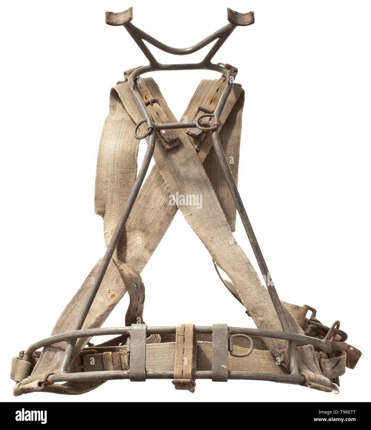 A carry frame for the tube of the 8 cm Mortar 34 manufactured by Miele and Co Bielefeld, 1943 Field-grey painted iron tube frame with integral attachment rings and spacers, stamped 'aqk 1943'and with army acceptance mark. Stitched olive-coloured belting with black painted iron buckles and fittings, stamped '..k 1944' with army eagle- and acceptance marks. historic, historical, 20th century, Editorial-Use-Only Stock Photo