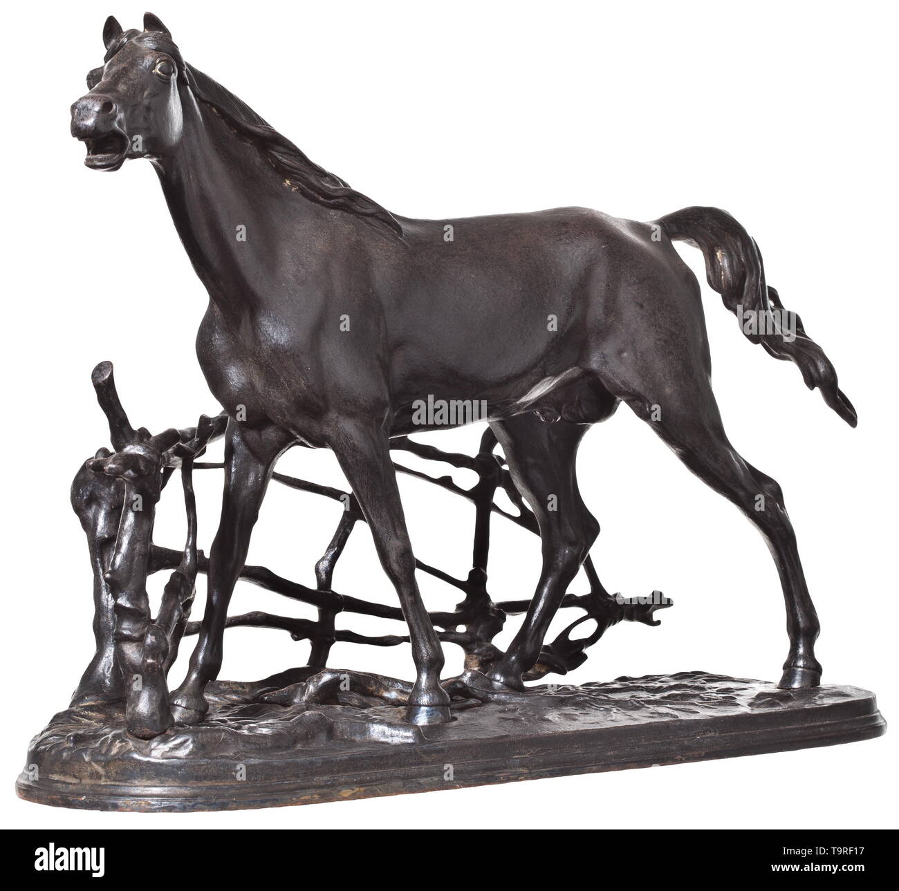 Horse in a paddock - a sculpture after a model by Peter Karlovich Klodt (1805 - 1867), Russia, dated 1908 Black-brown patinated iron cast with the portrayal of a horse in a paddock. Length 42 cm, height 28.5 cm. On the bottom a Russian double-headed eagle with date 1908, manufacturer's mark by the Kaslinsky foundry and founder V. Horoshenin. Excellent condition. historic, historical, 20th century, Additional-Rights-Clearance-Info-Not-Available Stock Photo