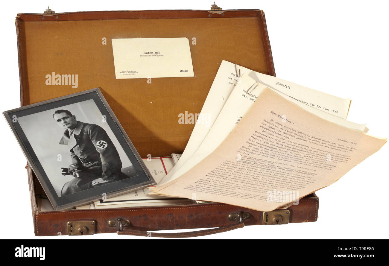 Rudolf Heß (1894 - 1987) - small leather briefcase Dating from his time of service as Hitler's private secretary from April 1925 onwards. together with Hitler, Heß had previously been incarcerated for 18 months in Landsberg where he assisted Hitler in writing 'Mein Kampf'. Brown leather, leather handle, two working locks, a label on the inside with the words 'Rudolf Heß - 20th century, Editorial-Use-Only Stock Photo