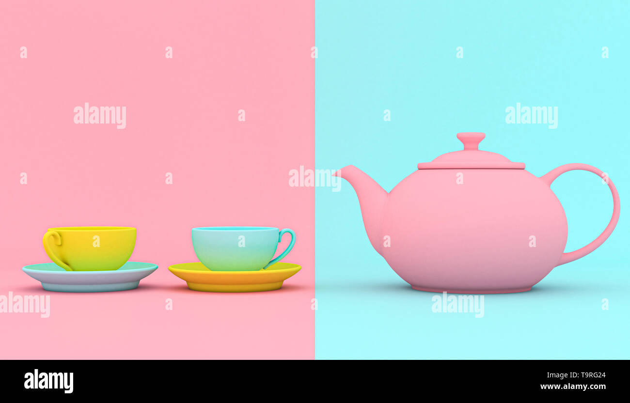 stylized teapot with cups on a colored background, color contrasts and shapes. 3d image render Stock Photo