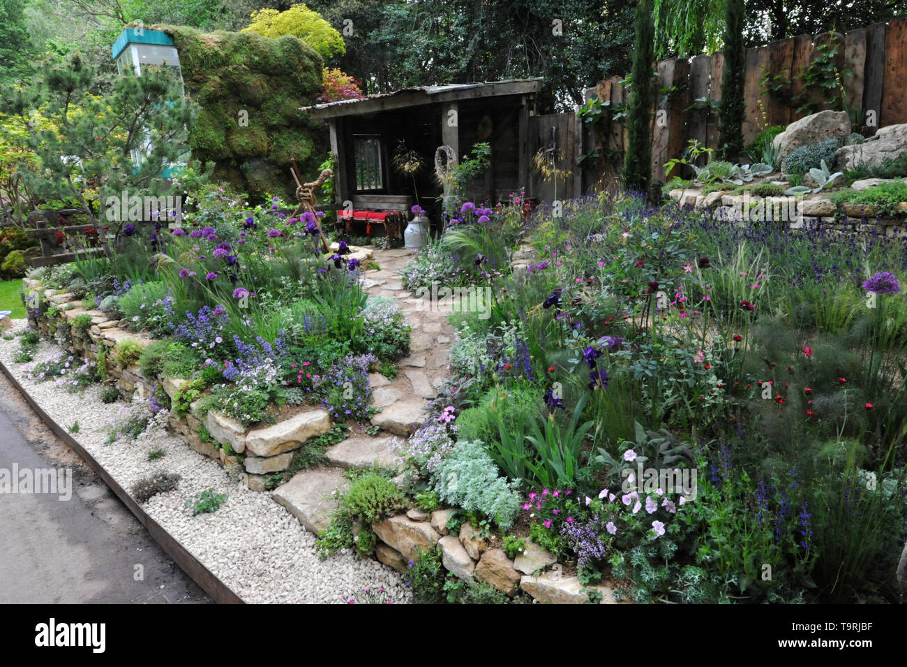 The Donkey Sanctuary: Donkeys Matter Garden (designed by Christina Williams and Annie Prebensen), one of the six beautiful and elegant Artisan gardens on display at the 2019 RHS Chelsea Flower Show which opened today in the 11-acre grounds of the Royal Hospital Chelsea, London, United Kingdom - 20 May 2019  The garden acts as a focus point to showcase the charity’s international work. The theme of the garden is ‘Donkeys Matter’ and it has been commissioned to highlight the vital role donkeys play in improving the lives for some of the poorest and most vulnerable communities in the world. Ownin Stock Photo