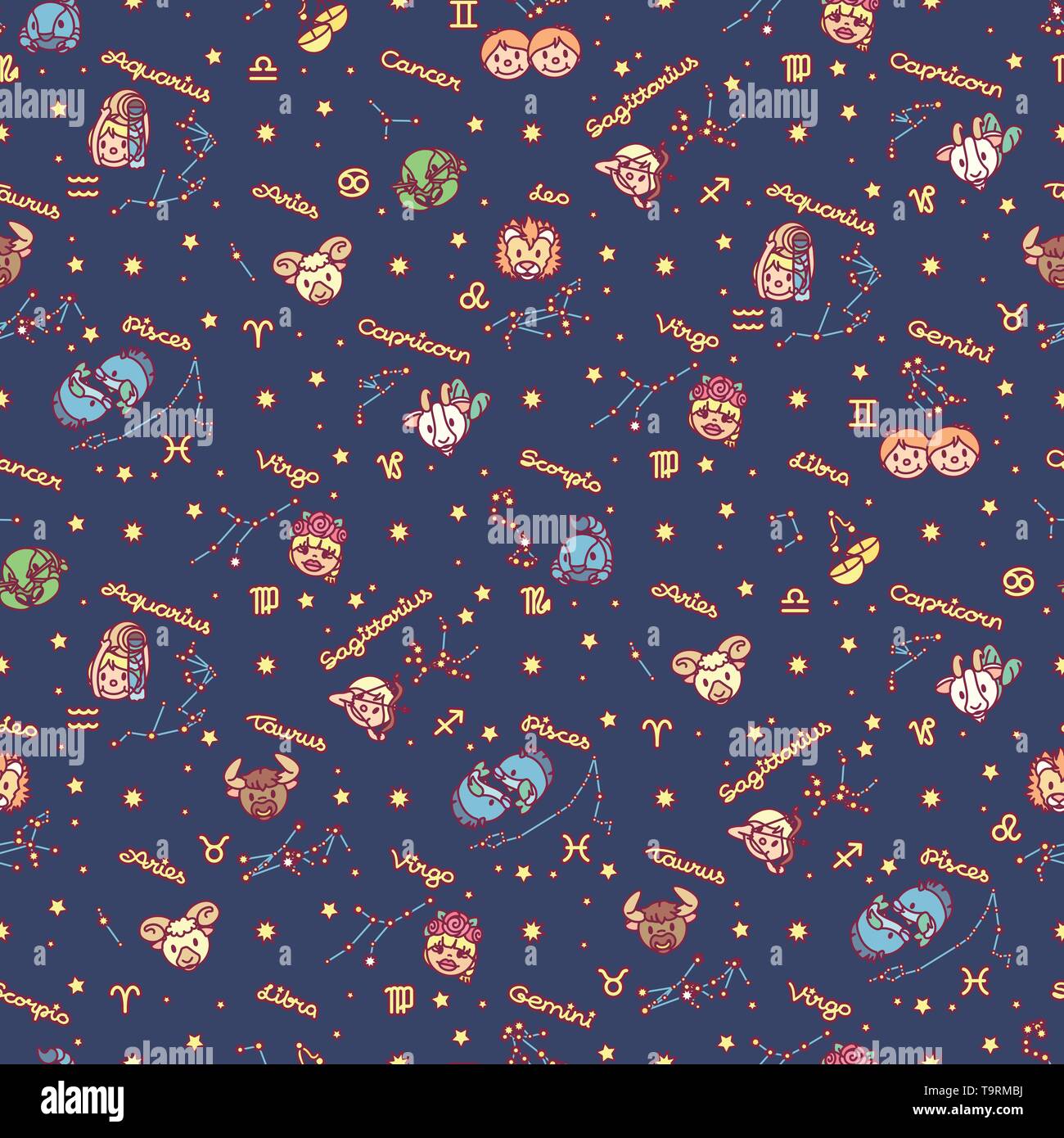 vector seamless pattern cute Zodiac concept art Stock Vector