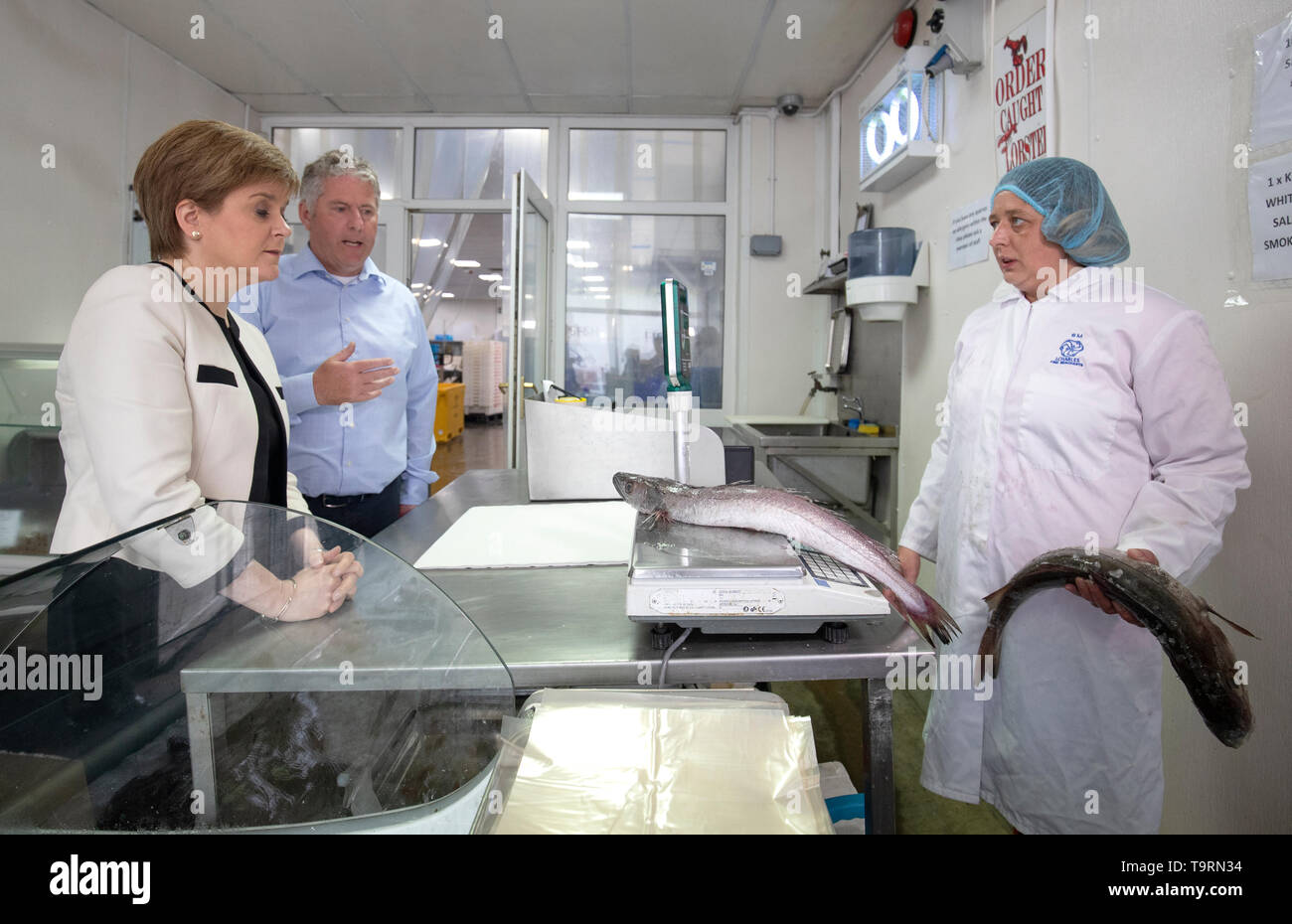 First Minister Nicola Sturgeon with owner Andrew Charles and fishmonger Sarah MacLeod (right) during a visit with SNP European election candidate Christian Allard to J Charles Ltd seafood processing plant in Aberdeen. Christian Allard worked at J Charles Ltd for 25 years exporting seafood to the continent, before he entered politics. Stock Photo