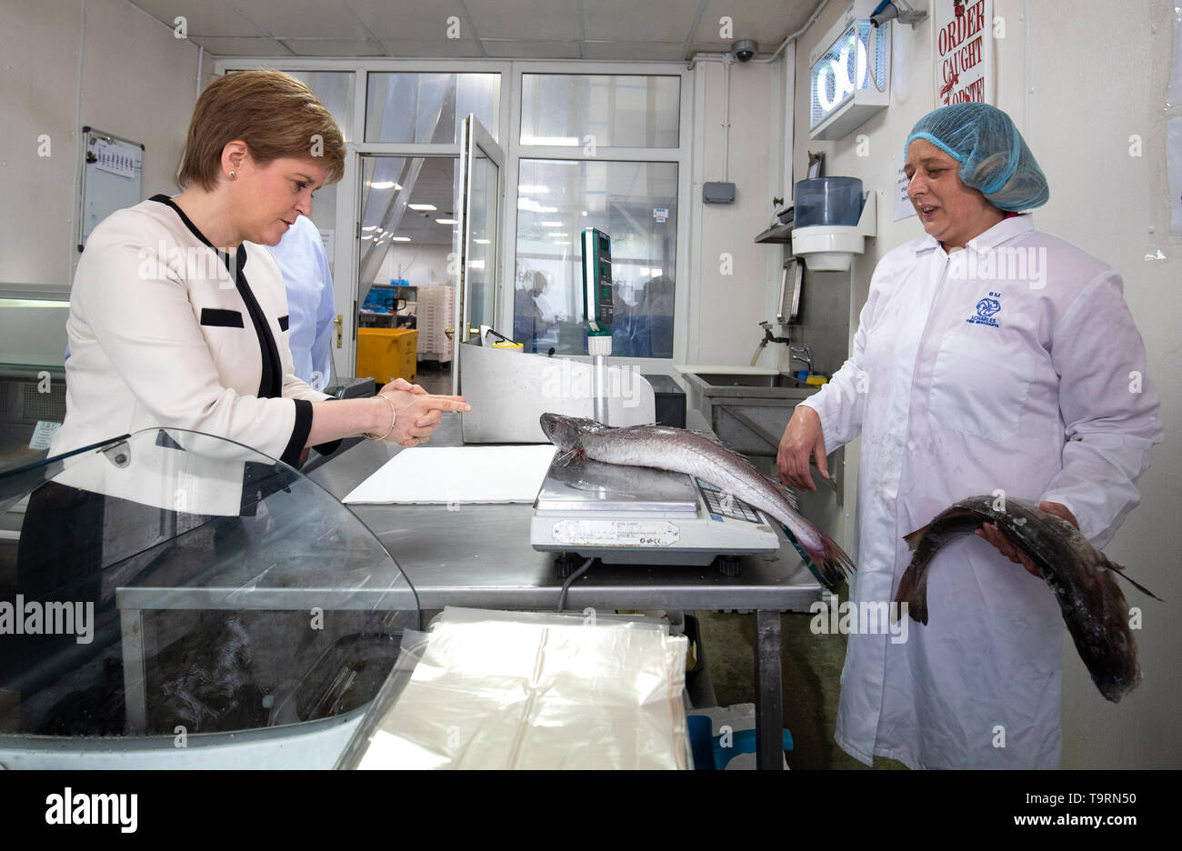 First Minister Nicola Sturgeon with fishmonger Sarah MacLeod during a visit with SNP European election candidate Christian Allard to J Charles Ltd seafood processing plant in Aberdeen. Christian Allard worked at J Charles Ltd for 25 years exporting seafood to the continent, before he entered politics. Stock Photo