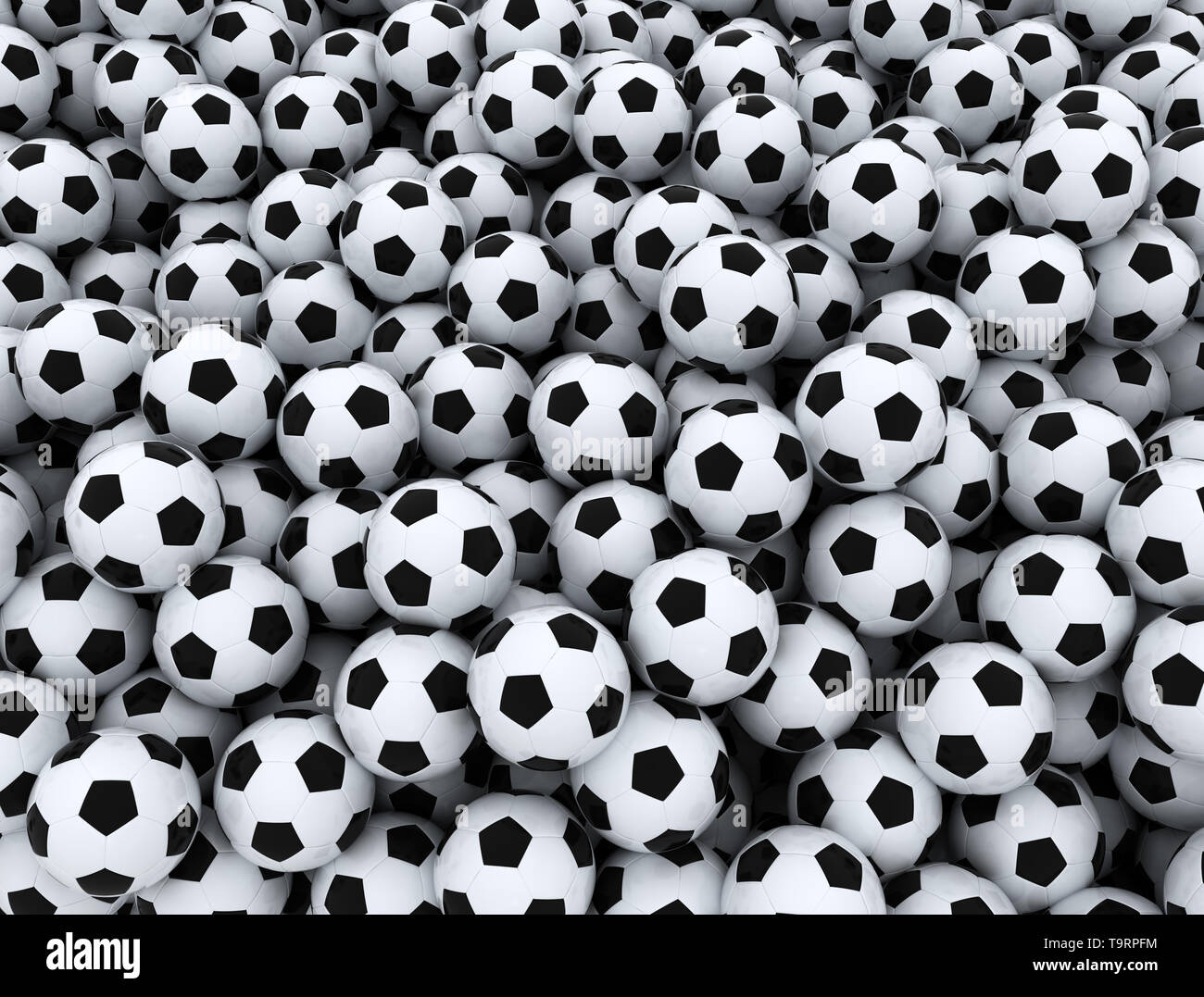 Background composed of many soccer balls close up 3d illustration Stock