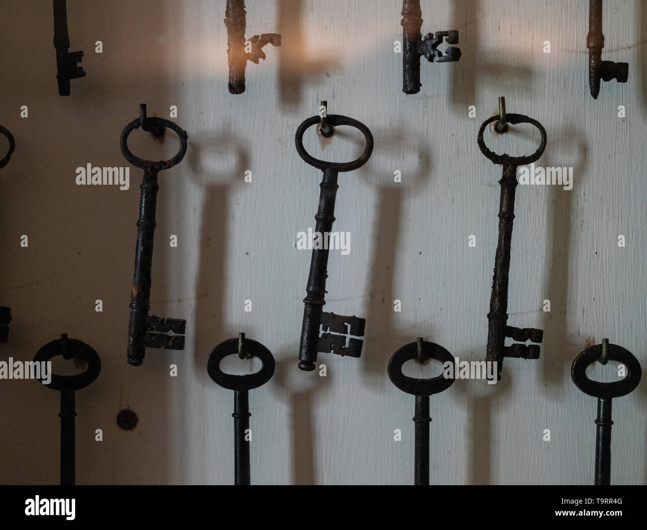 Keys in a glass display cabinet. Stock Photo