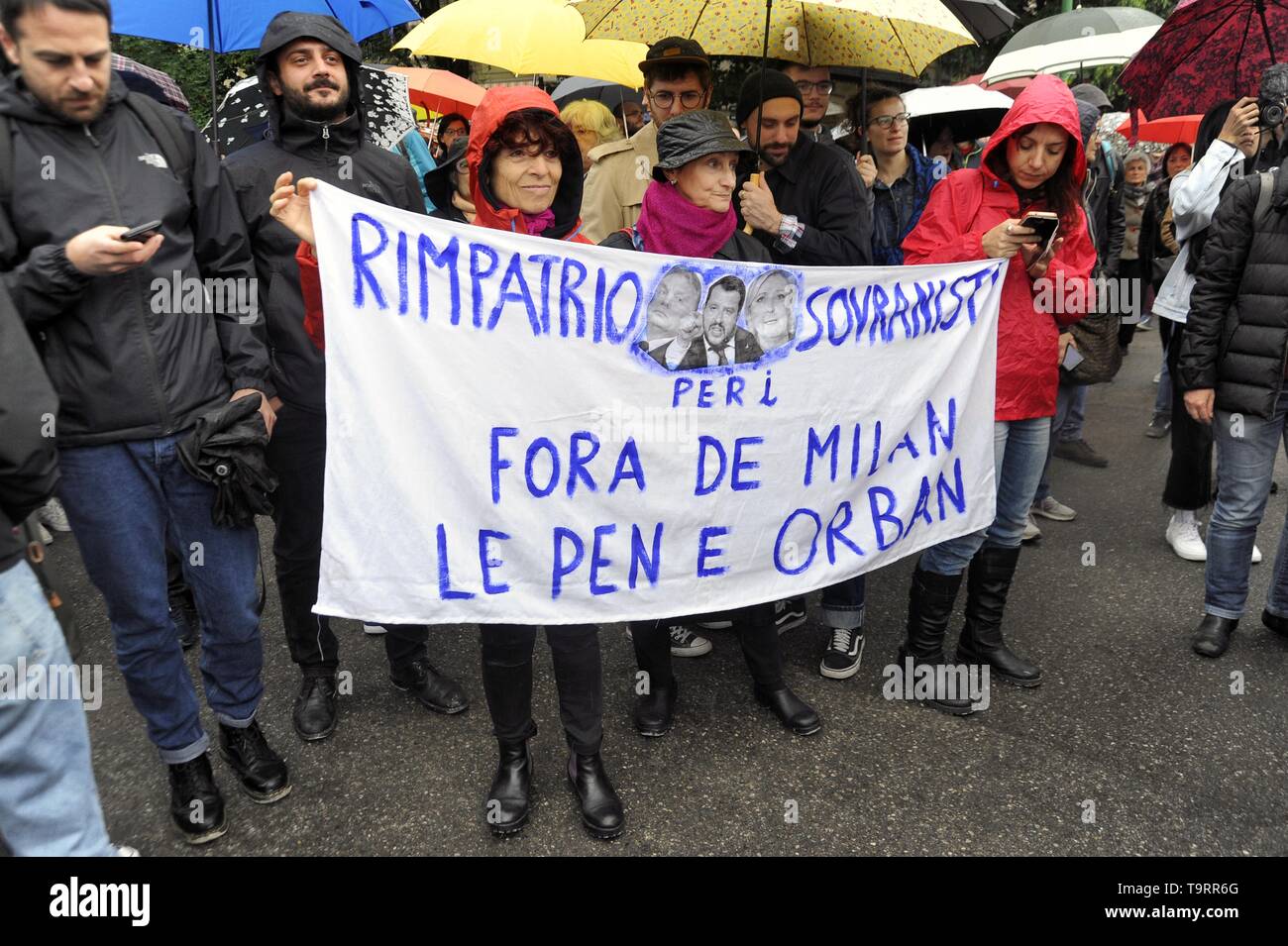 Milan, 18 May 2019, protest demonstration by democratic groups and organizations against an electoral gathering of souverainist and fascist European parties with the presence of Matteo Salvini, Marine Lepen and other extreme-right  political leaders Stock Photo