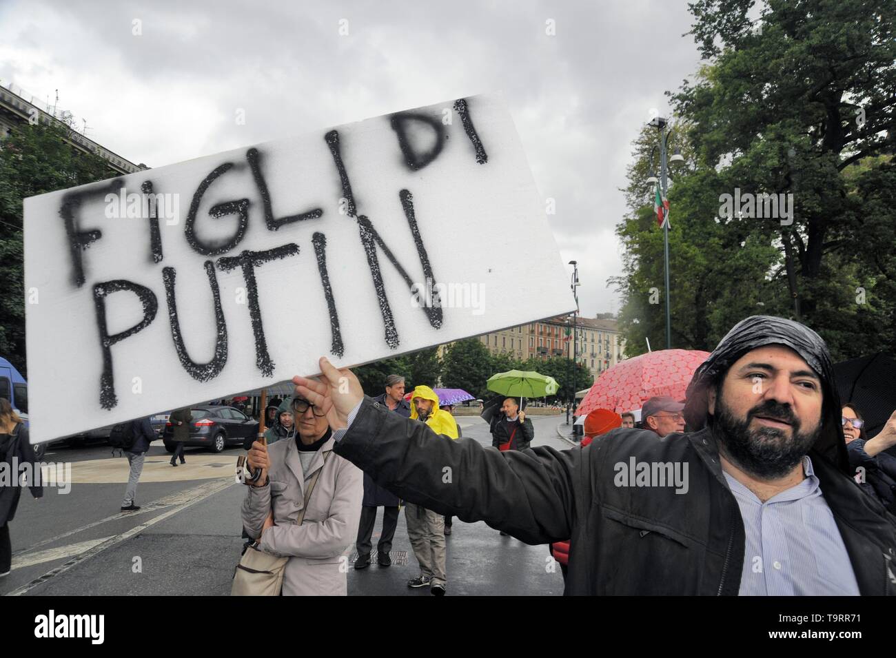 Milan, 18 May 2019, protest demonstration by democratic groups and organizations against an electoral gathering of souverainist and fascist European parties with the presence of Matteo Salvini, Marine Lepen and other extreme-right  political leaders Stock Photo